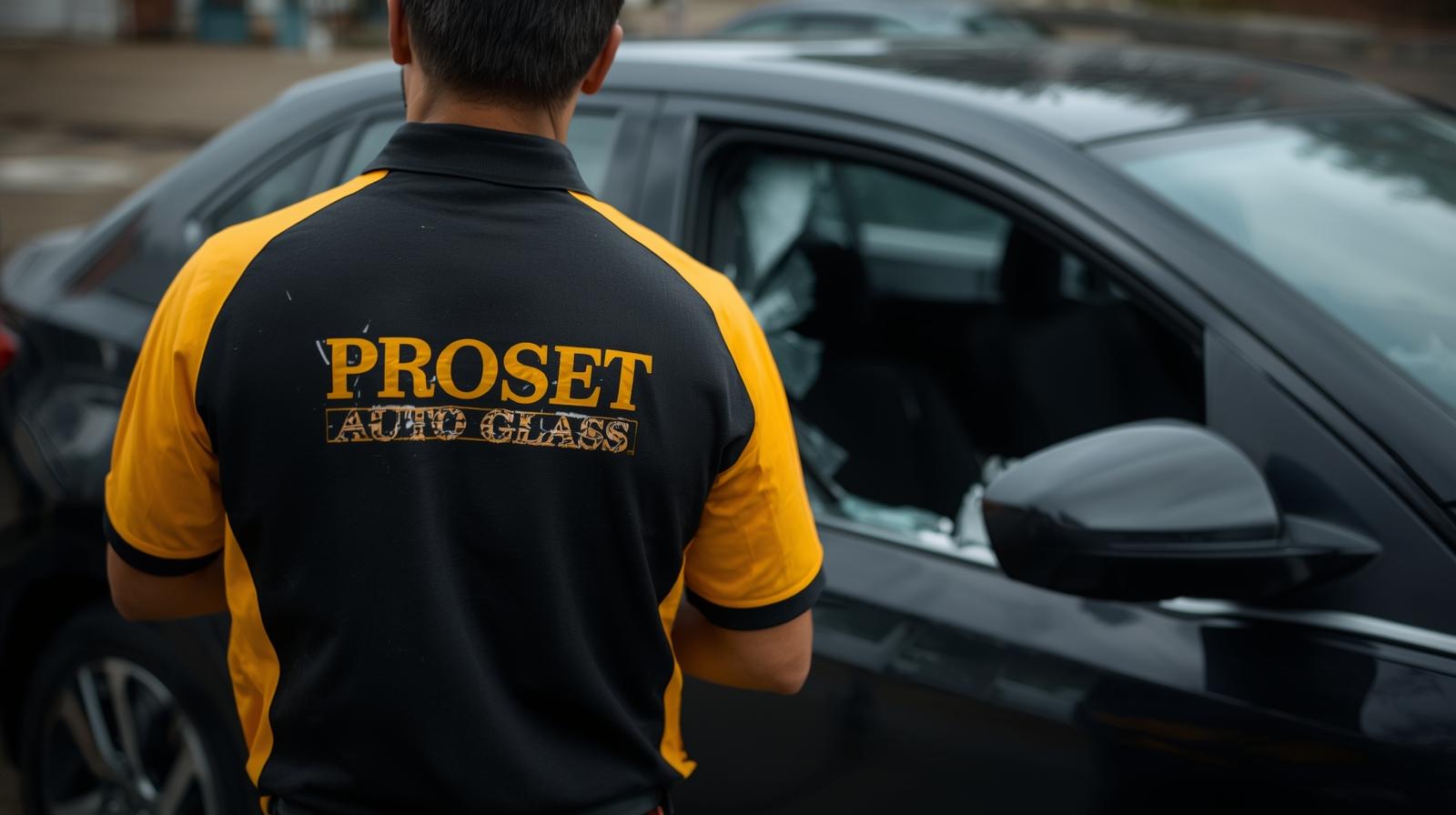 Proset Auto Glass technician assessing broken door glass for mobile replacement service in Central Florida