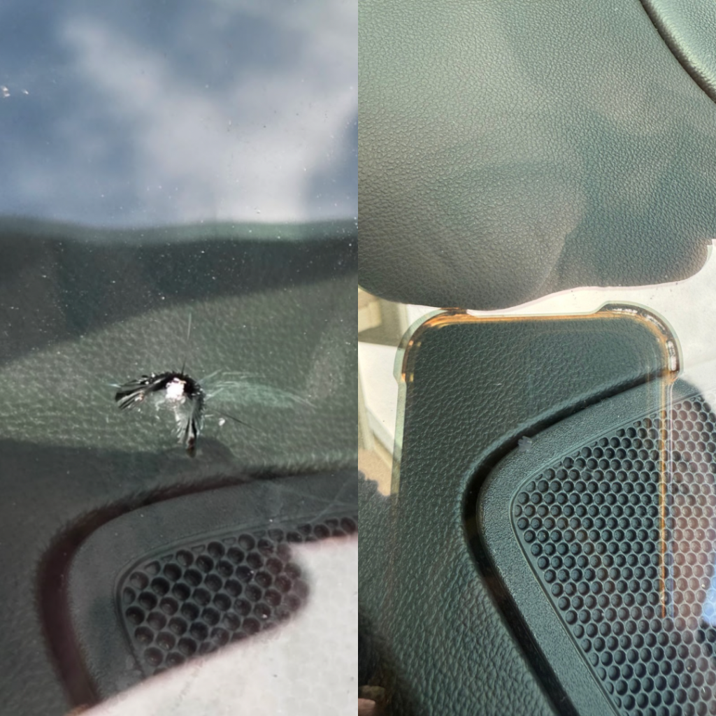 Before and after photo showing a professional windshield chip repair performed by Proset Auto Glass in Sanford, Florida.