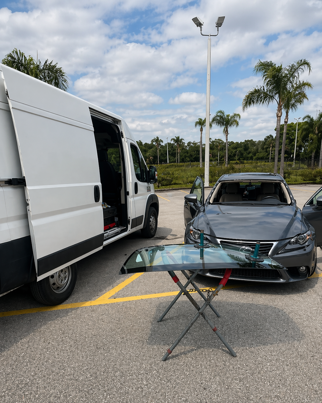 Proset Auto Glass mobile service setup beside a customer vehicle in Central Florida