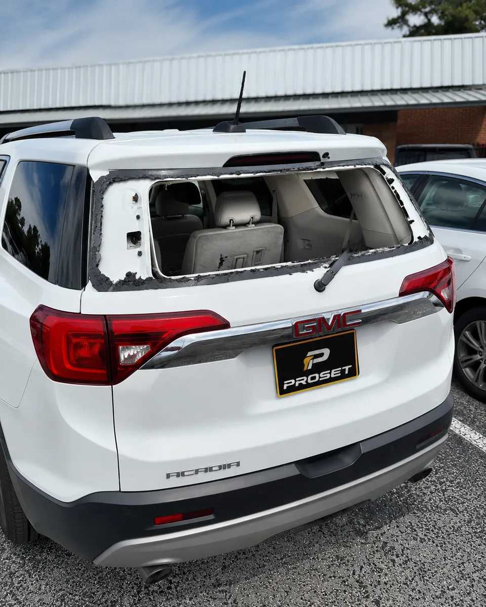 Before back glass replacement on a GMC Acadia in Orlando FL by Proset Auto Glass