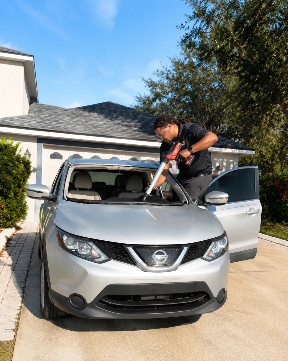 Before windshield replacement on a Nissan Rogue in Orlando FL by Proset Auto Glass