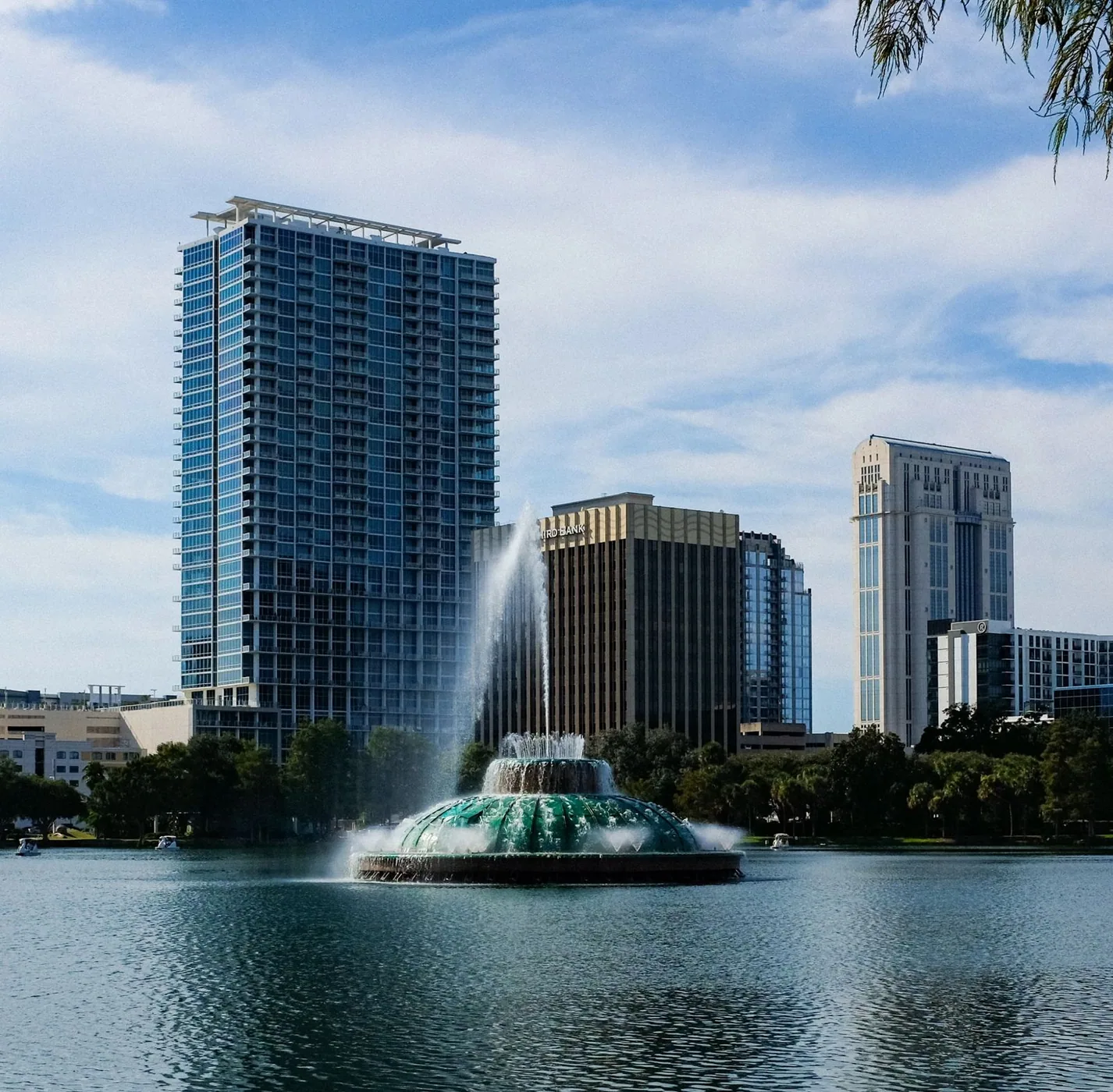 Downtown Orlando, Florida skyline and Lake Eola fountain