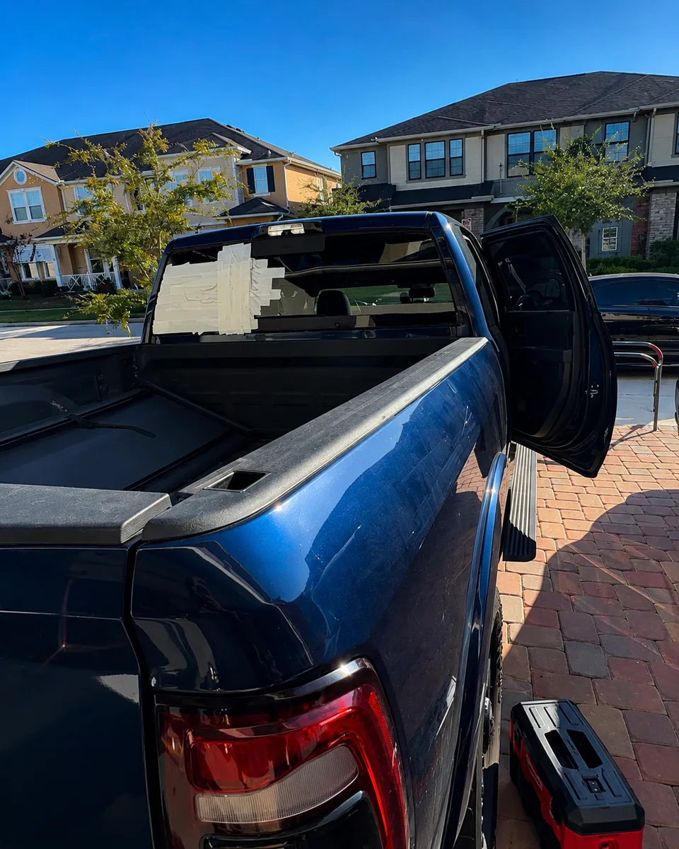 Before back glass replacement on a Ram pickup truck in Orlando FL by Proset Auto Glass